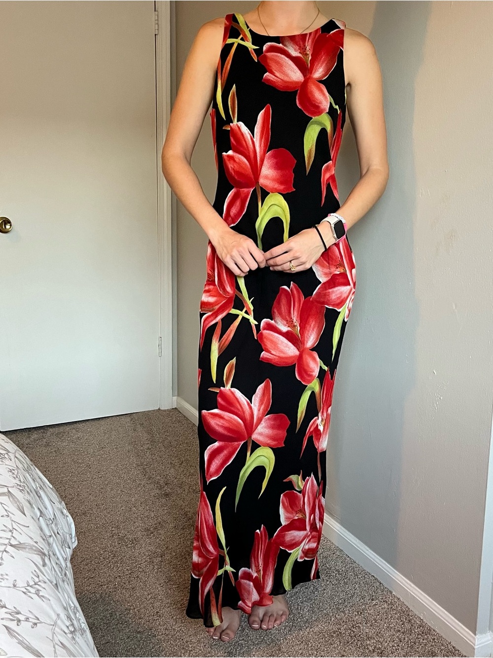 90s Positive Attitude Black Maxi Dress with Red Floral Design